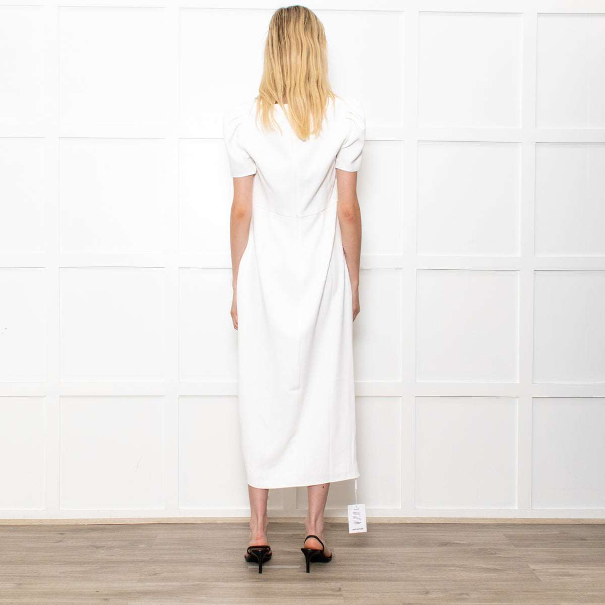 Self-Portrait White Crepe Midi Dress With Short Sleeves