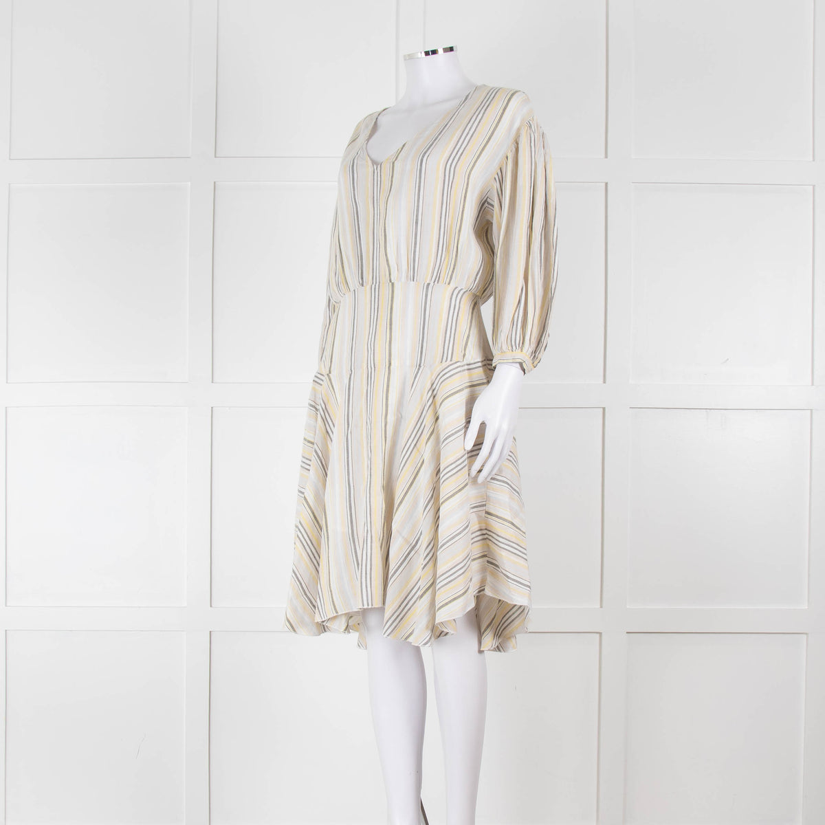 ATM White, Yellow and Grey Striped Linen Knee Length Dress