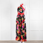 Shanghai Tang Black Silk Multi Flower Print Halter Neck Maxi Dress