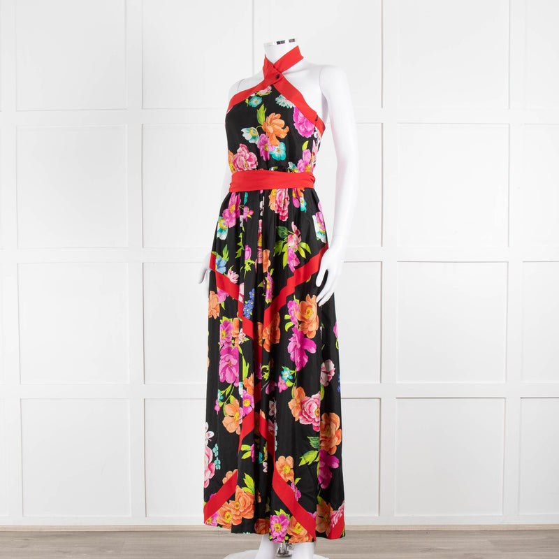 Shanghai Tang Black Silk Multi Flower Print Halter Neck Maxi Dress