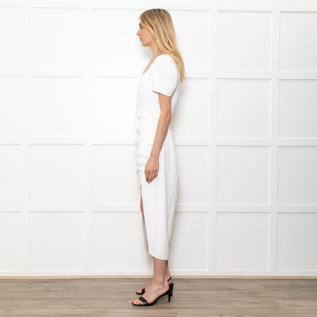 Self-Portrait White Crepe Midi Dress With Short Sleeves