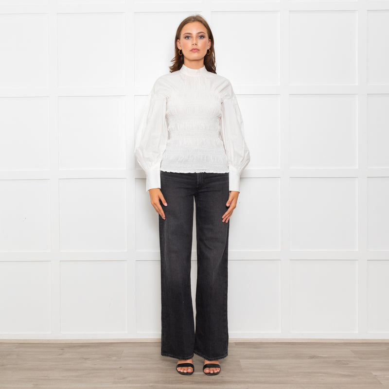 Ganni White Ruched Detail Puff Sleeved Cotton Top