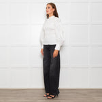 Ganni White Ruched Detail Puff Sleeved Cotton Top