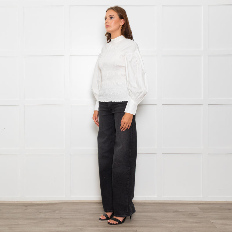 Ganni White Ruched Detail Puff Sleeved Cotton Top