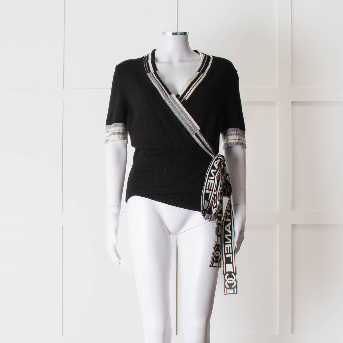 Chanel Black Cashmere Short Sleeve Logo Cardigan