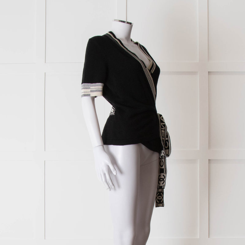 Chanel Black Cashmere Short Sleeve Logo Cardigan