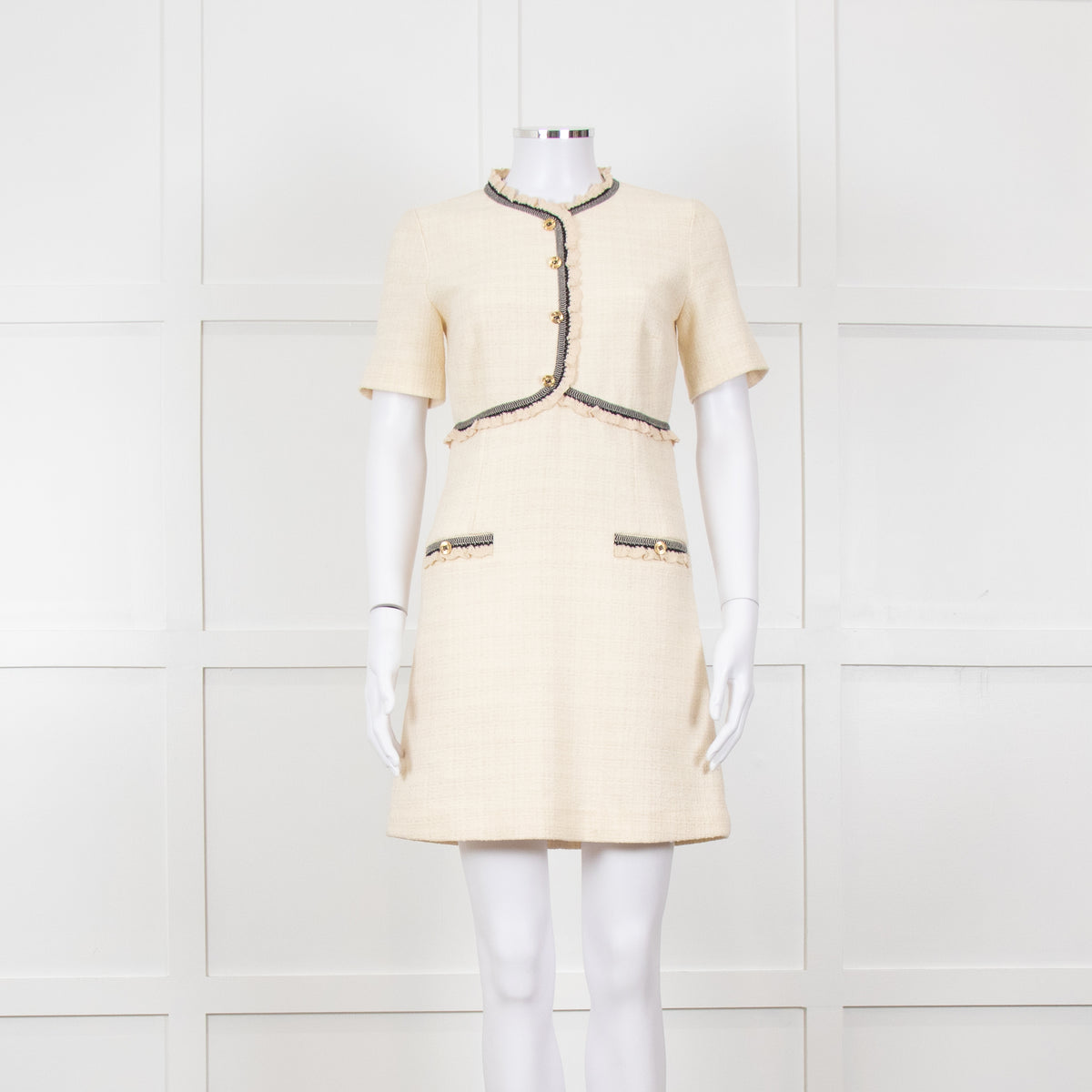 Sandro Cream Black Trim Short Sleeve Tweed Mini Dress