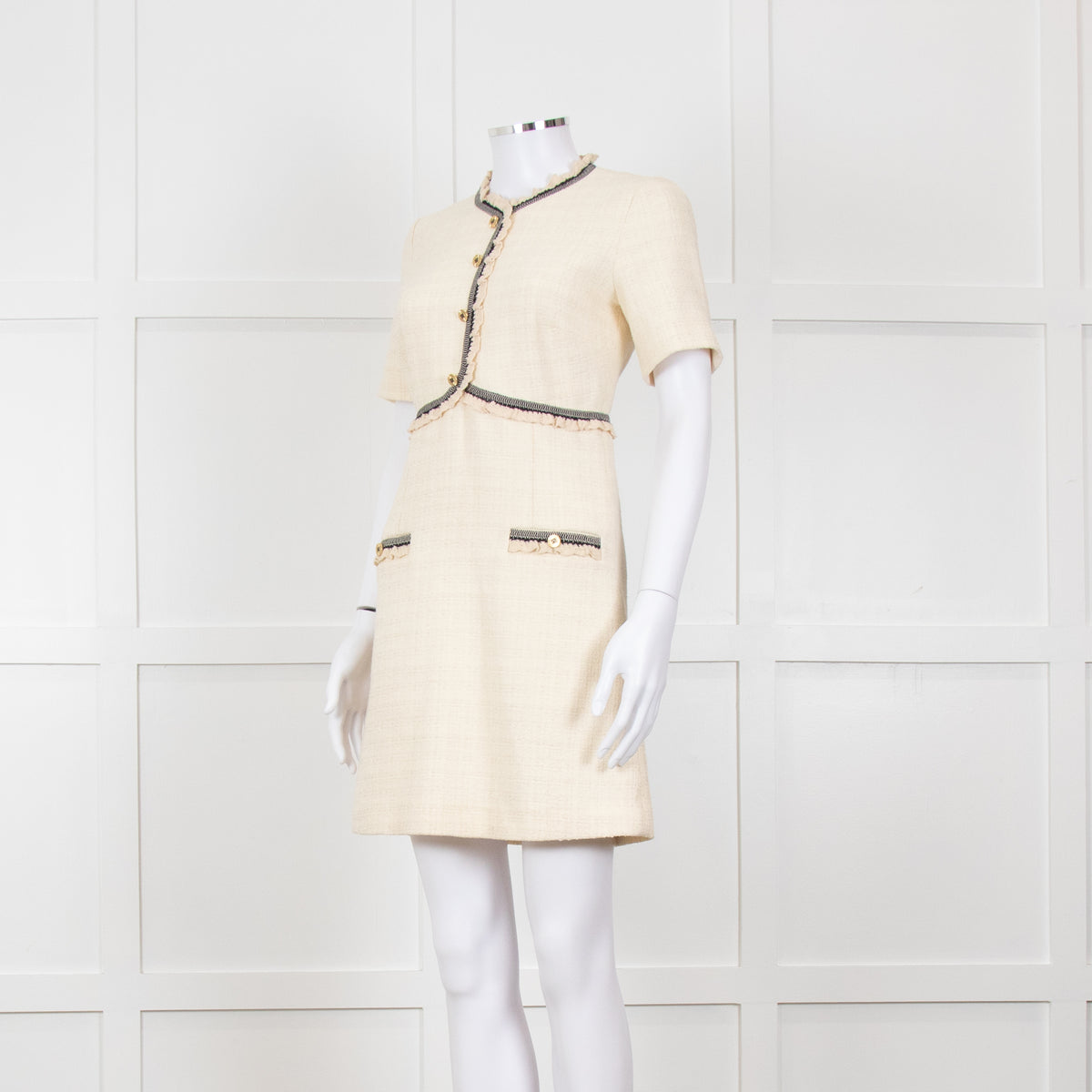 Sandro Cream Black Trim Short Sleeve Tweed Mini Dress