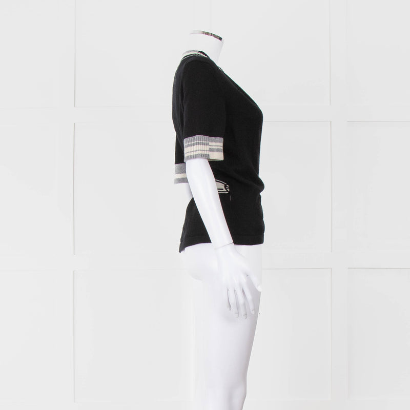 Chanel Black Cashmere Short Sleeve Logo Cardigan