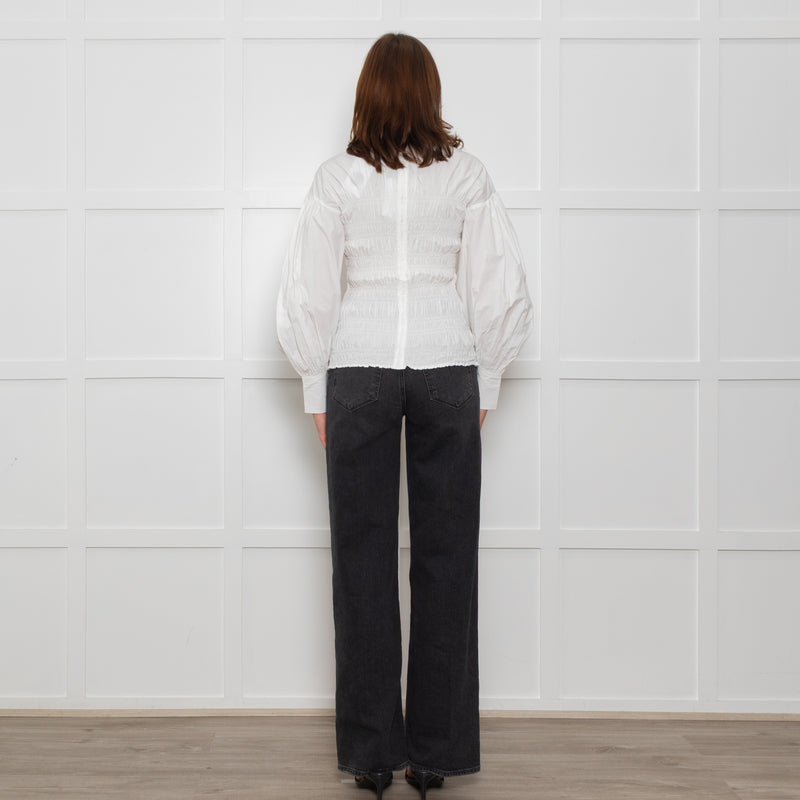 Ganni White Ruched Detail Puff Sleeved Cotton Top