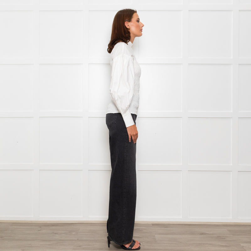 Ganni White Ruched Detail Puff Sleeved Cotton Top
