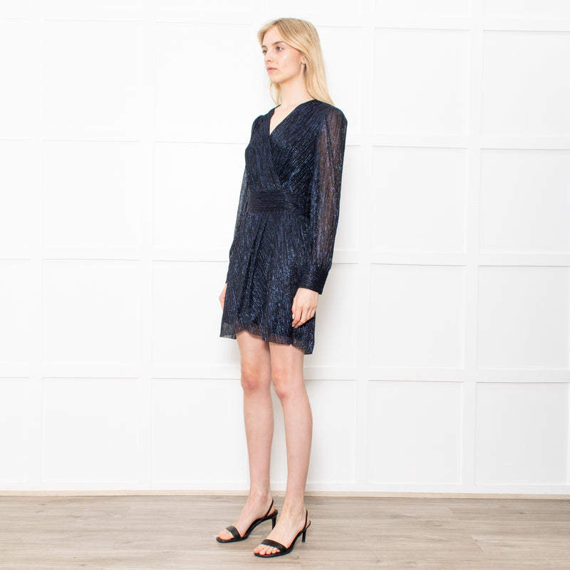 The Kooples Black & Blue Lurex Short Dress With Long Sleeves