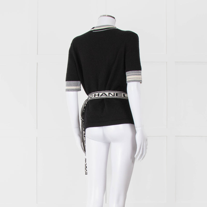 Chanel Black Cashmere Short Sleeve Logo Cardigan