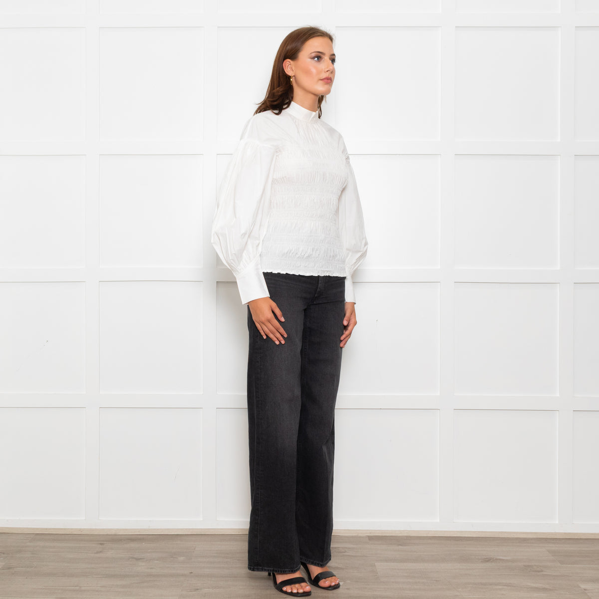Ganni White Ruched Detail Puff Sleeved Cotton Top