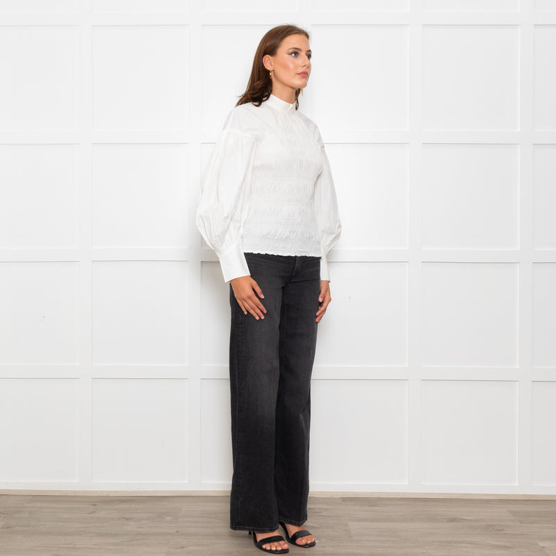 Ganni White Ruched Detail Puff Sleeved Cotton Top