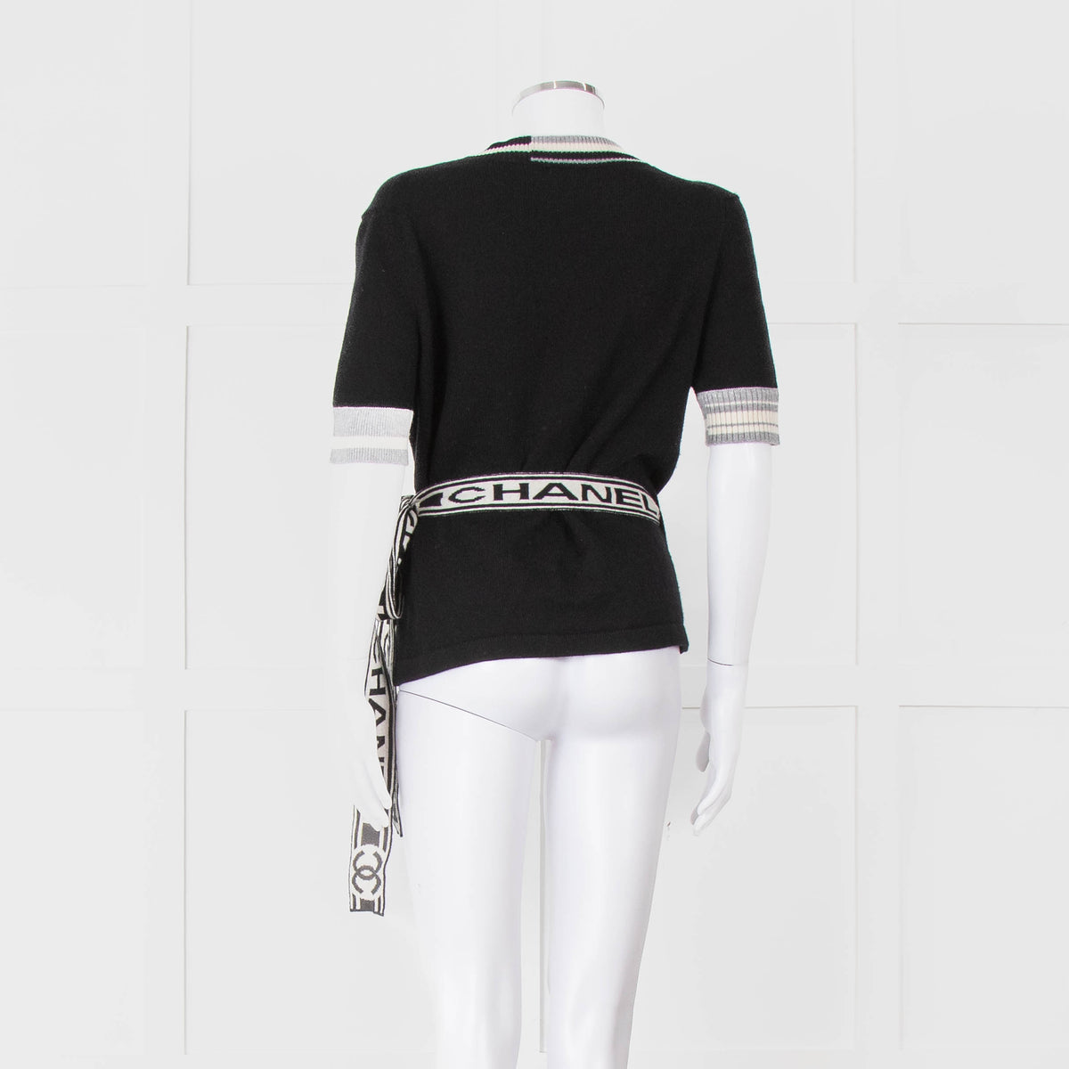 Chanel Black Cashmere Short Sleeve Logo Cardigan