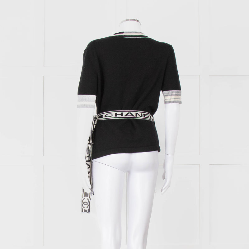 Chanel Black Cashmere Short Sleeve Logo Cardigan