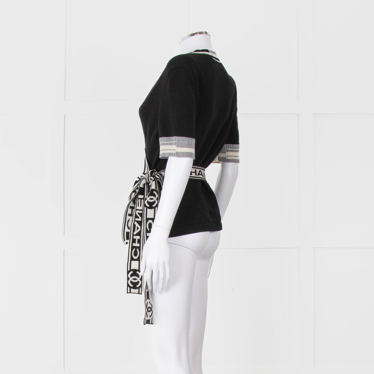 Chanel Black Cashmere Short Sleeve Logo Cardigan