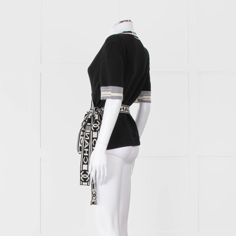 Chanel Black Cashmere Short Sleeve Logo Cardigan