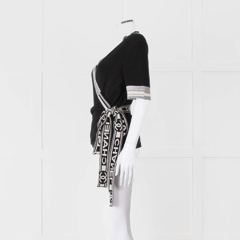 Chanel Black Cashmere Short Sleeve Logo Cardigan