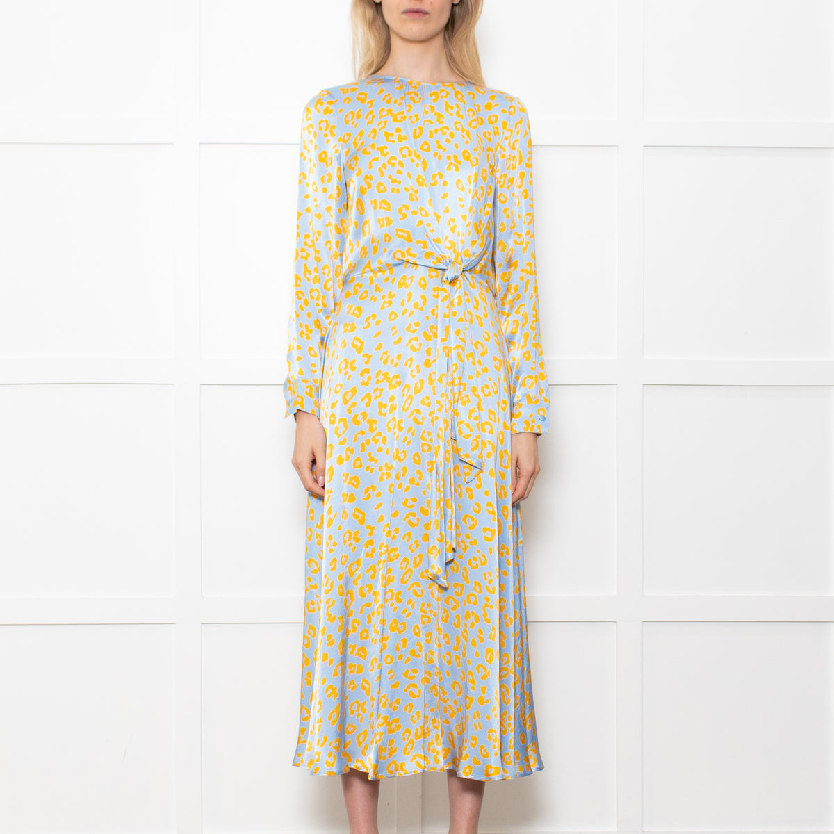 Ghost Blue With Yellow Leopard Print Front Knot Dress With Long Sleeves