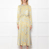 Ghost Blue With Yellow Leopard Print Front Knot Dress With Long Sleeves