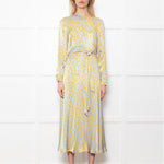 Ghost Blue With Yellow Leopard Print Front Knot Dress With Long Sleeves