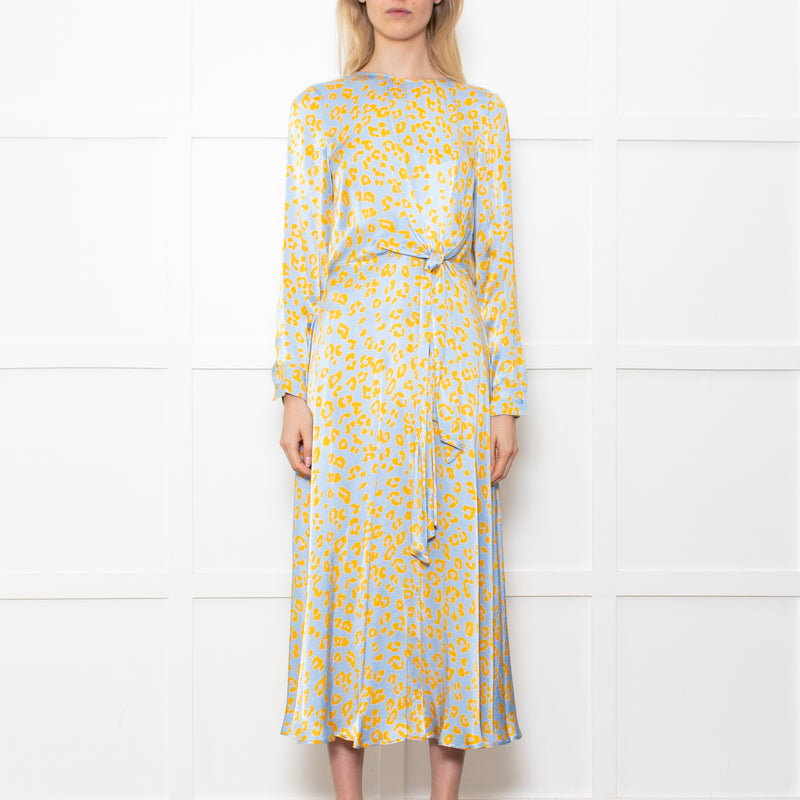 Ghost Blue With Yellow Leopard Print Front Knot Dress With Long Sleeves