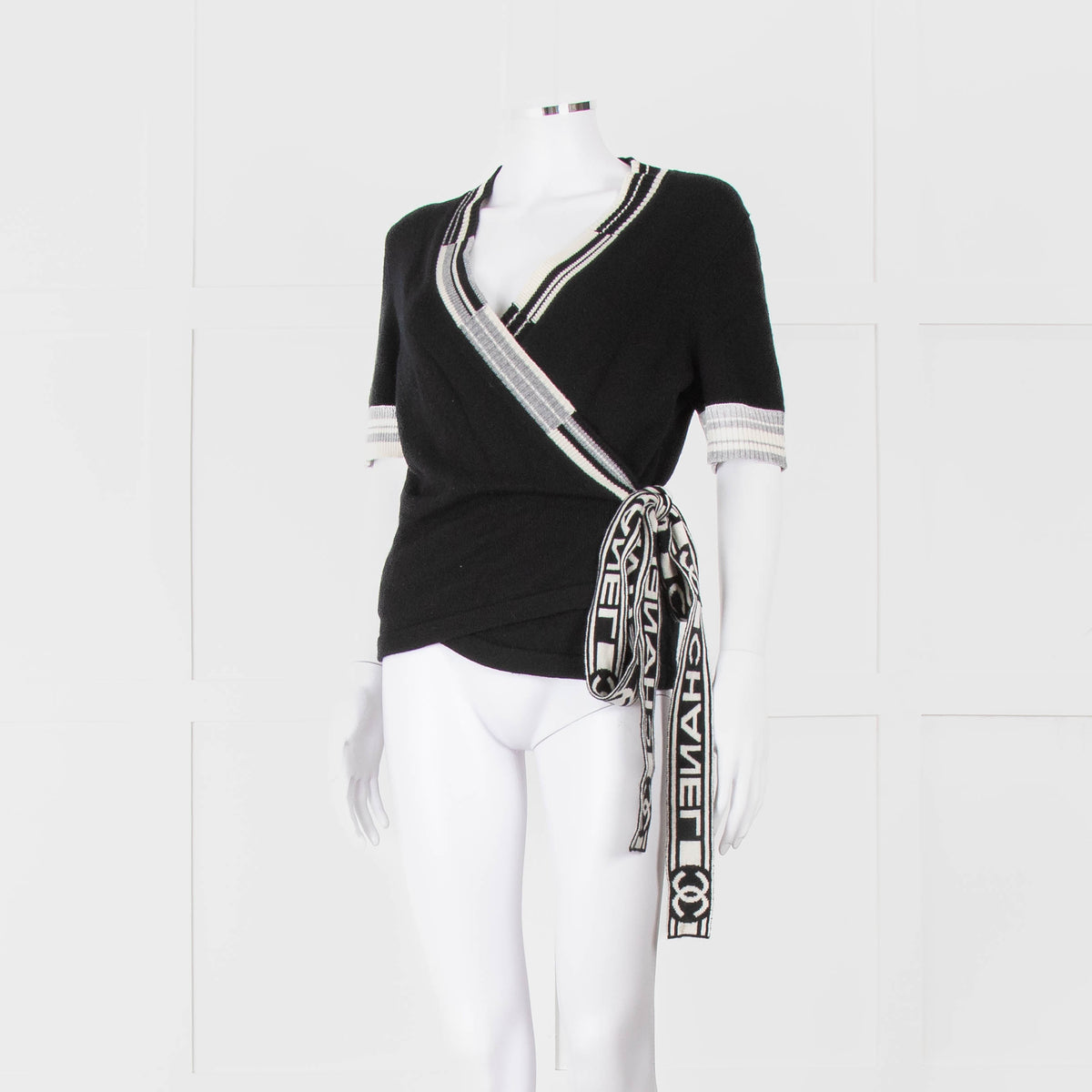 Chanel Black Cashmere Short Sleeve Logo Cardigan