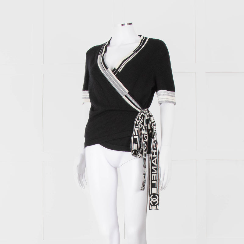 Chanel Black Cashmere Short Sleeve Logo Cardigan
