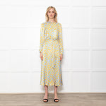 Ghost Blue With Yellow Leopard Print Front Knot Dress With Long Sleeves