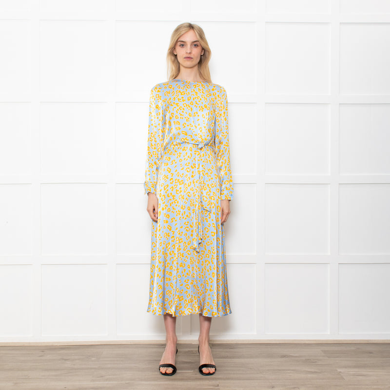 Ghost Blue With Yellow Leopard Print Front Knot Dress With Long Sleeves