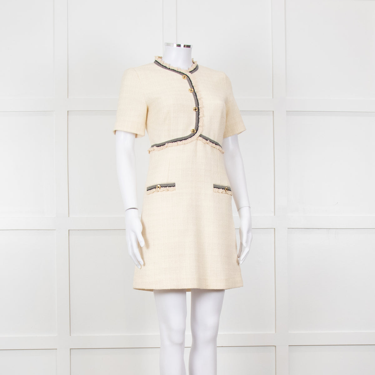 Sandro Cream Black Trim Short Sleeve Tweed Mini Dress