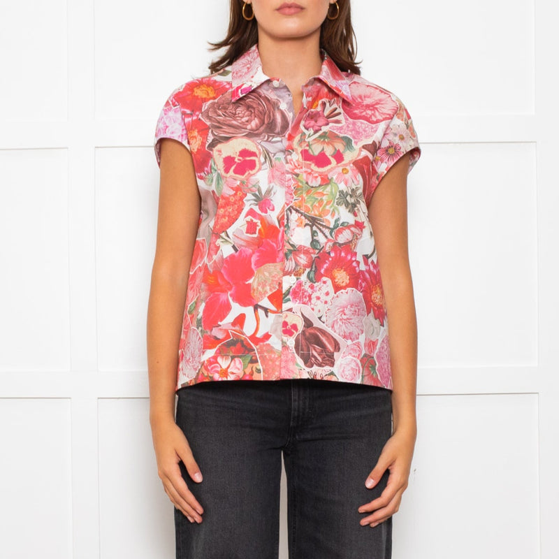 Marni White Cap Sleeve Shirt With Pink and Red Floral Print