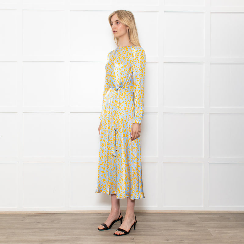 Ghost Blue With Yellow Leopard Print Front Knot Dress With Long Sleeves