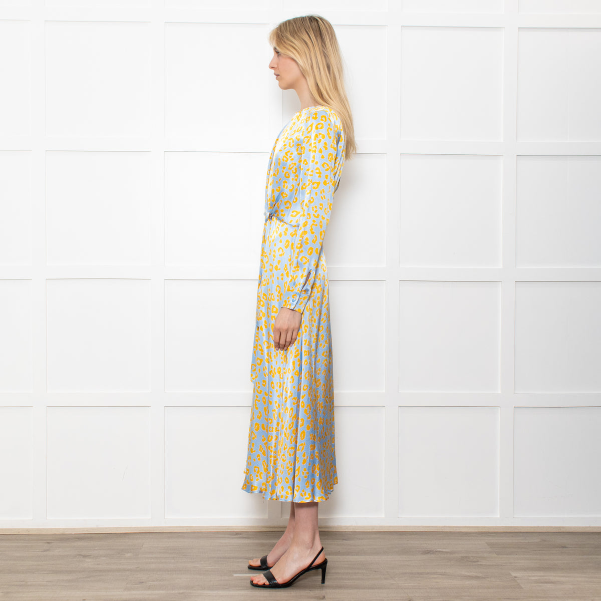 Ghost Blue With Yellow Leopard Print Front Knot Dress With Long Sleeves