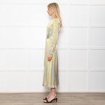 Ghost Blue With Yellow Leopard Print Front Knot Dress With Long Sleeves