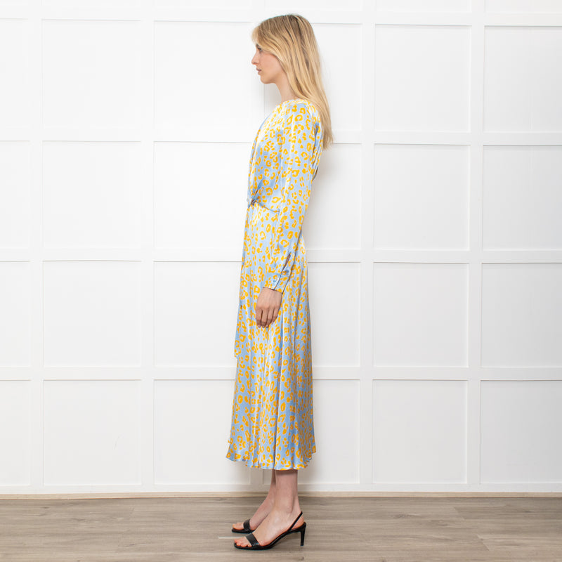Ghost Blue With Yellow Leopard Print Front Knot Dress With Long Sleeves