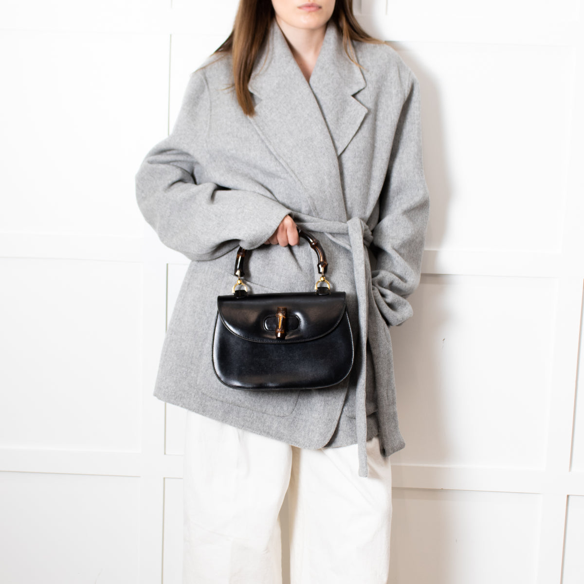 Gucci Black Leather Vintage Bamboo Handbag