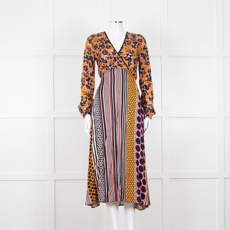 SFIZIO cramel Black Pink Multi Print V-Necked Dress