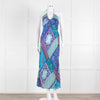 Rixo Blue Halterneck Patchwork Floral Tie Back Dress