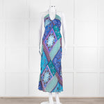 Rixo Blue Halterneck Patchwork Floral Tie Back Dress