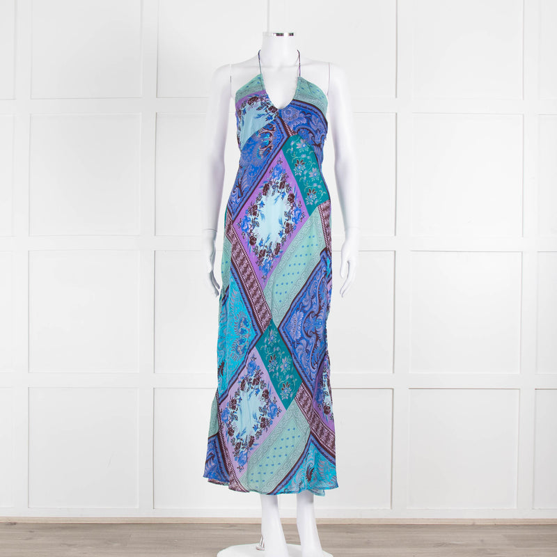 Rixo Blue Halterneck Patchwork Floral Tie Back Dress