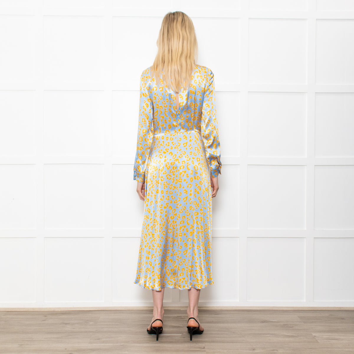 Ghost Blue With Yellow Leopard Print Front Knot Dress With Long Sleeves