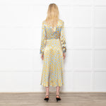 Ghost Blue With Yellow Leopard Print Front Knot Dress With Long Sleeves