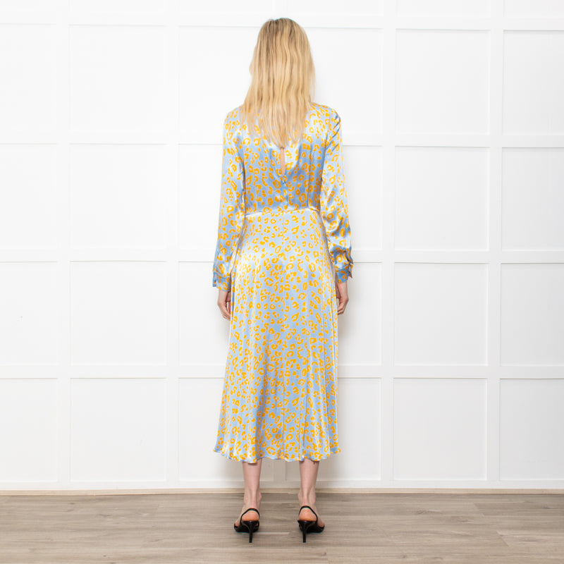 Ghost Blue With Yellow Leopard Print Front Knot Dress With Long Sleeves