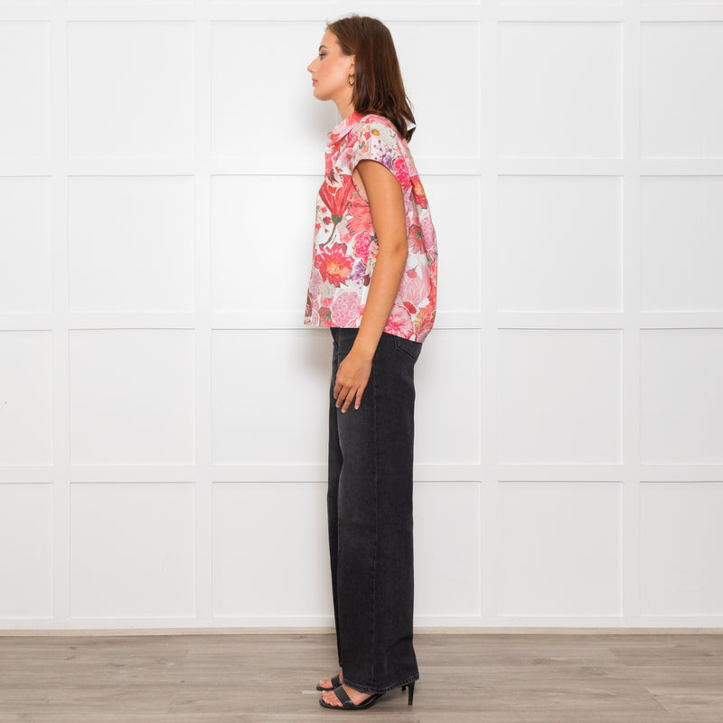 Marni White Cap Sleeve Shirt With Pink and Red Floral Print