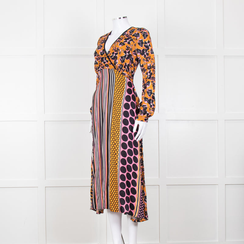 SFIZIO cramel Black Pink Multi Print V-Necked Dress