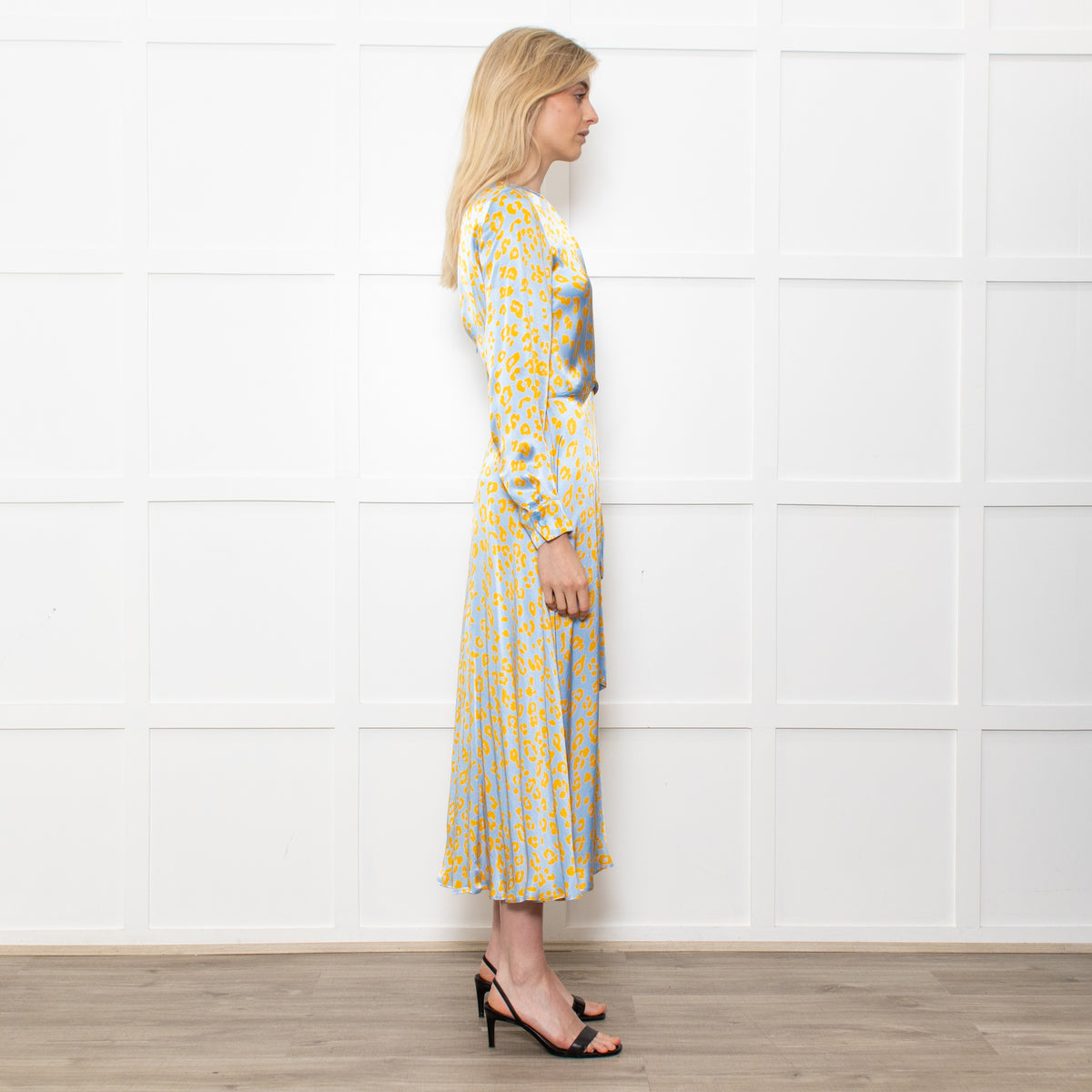 Ghost Blue With Yellow Leopard Print Front Knot Dress With Long Sleeves
