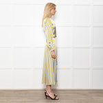 Ghost Blue With Yellow Leopard Print Front Knot Dress With Long Sleeves